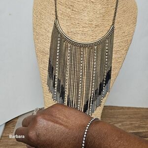 Cascading Tri-Color Metal with Rhinestone Accents Fringe Necklace & Bracelet